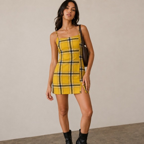 Forever 21 Dresses & Skirts - Forever 21 Yellow Plaid Mini Dress Medium 90s Bodycon Spaghetti Strap Clueless